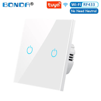 BONDA Smart Switch Alexa RF433 No Neutral Tuya Control Works With Google 1/2/3 Gang Smart Life Home Light WiFi Touch Switches 86