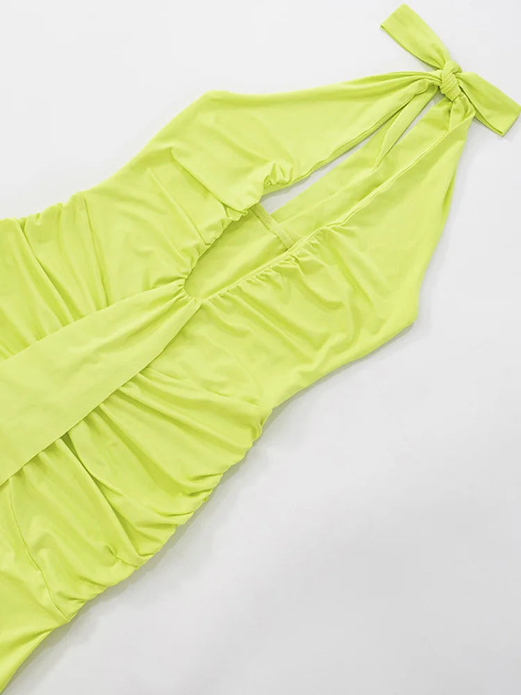 Beyprern Gorgeous Womens Halter Plunging V Neck Ruched Long Straps Maxi Dress Holiday Outfits Sexy Backless Pleated Party Dress