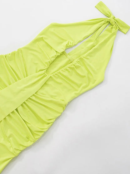 Beyprern Gorgeous Womens Halter Plunging V Neck Ruched Long Straps Maxi Dress Holiday Outfits Sexy Backless Pleated Party Dress