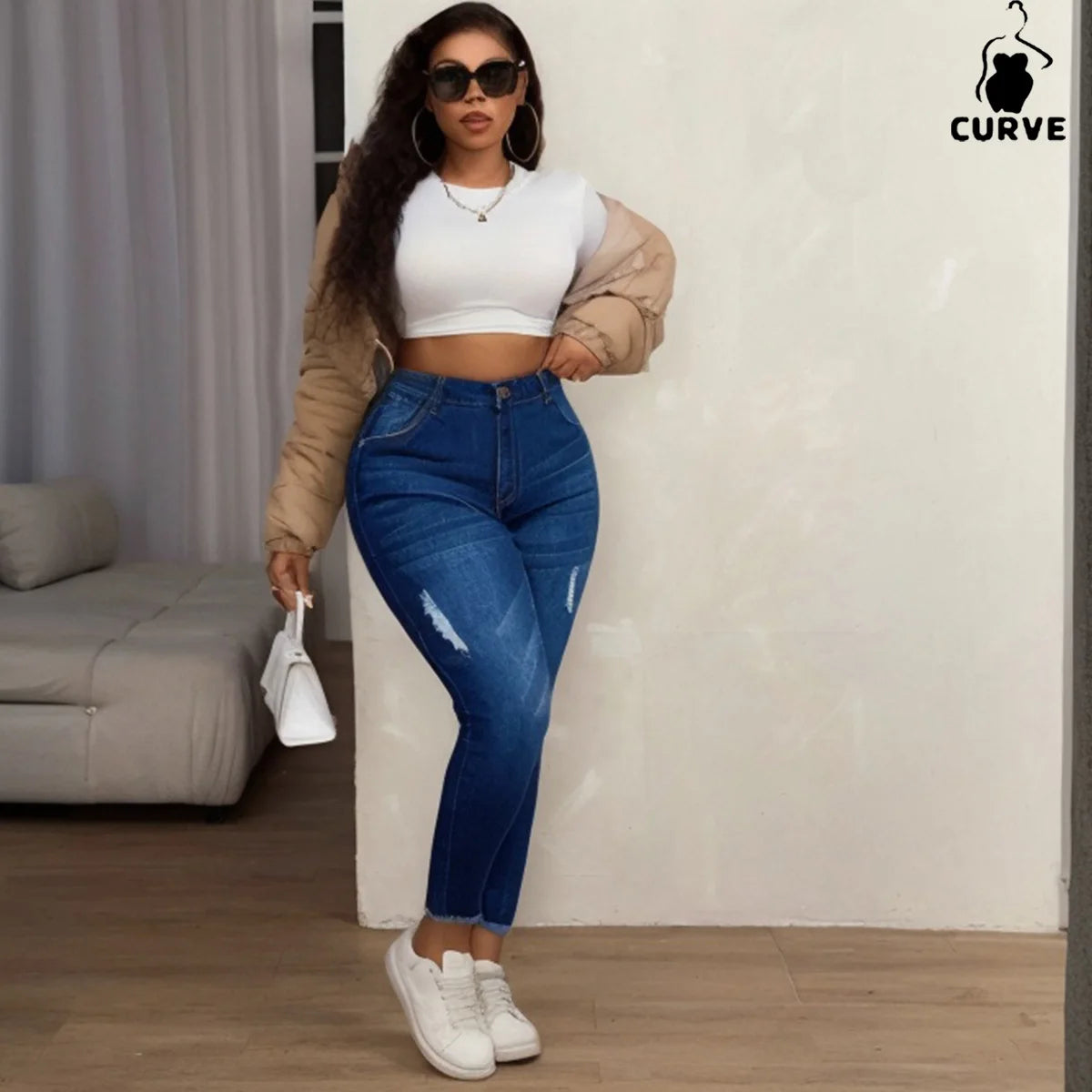 Plus-Size Women's High-Waisted Skinny Stretch Denim Jeans Distressed with Frayed Hem, Perfect for Everyday Casual Outfits