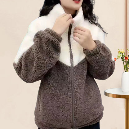 Winter Women Coat Thick Plush Stand Collar Zipper Closure Velvet Jacket Colorblock Long Sleeves Pockets Cardigan Outerwear