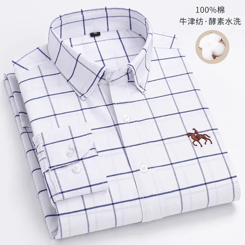 Casual Pure Cotton Oxford Mens Shirts Long Sleeve Embroidery Horse Design Regular Fit Fashion Button Man White Dress Shirt