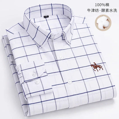 Casual Pure Cotton Oxford Mens Shirts Long Sleeve Embroidery Horse Design Regular Fit Fashion Button Man White Dress Shirt