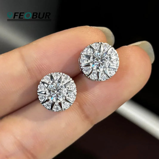 FEOBUR 10mm D Color Moissanite Cluster Stud Earrings for Women 925 Sterling Silver Diamond Ear Studs Man Hiphop Jewelry Gift