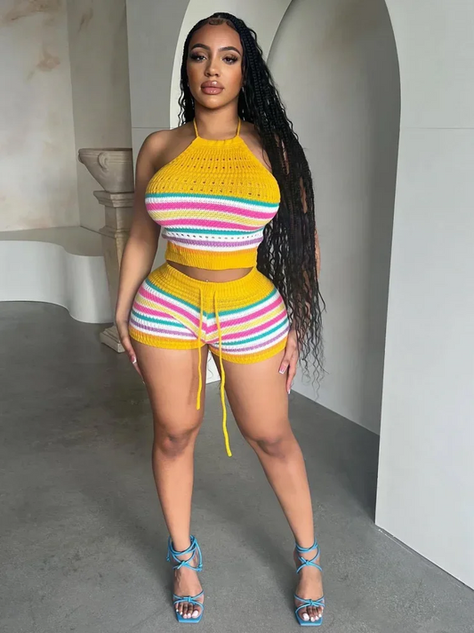 Summer Women's New Sweater Fashion Backless Hanging Neck Top Package Hip Leggings Shorts Set