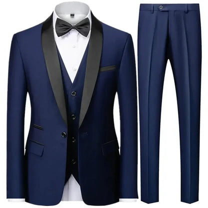 Black Men Autumn Wedding Party Three Pieces Set Large Size Male Blazer Coat Pants and Vest Fashion Slim Fit Suit