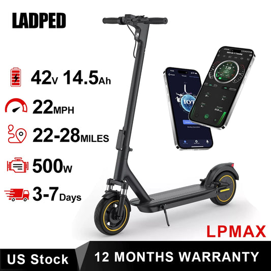 LADPED LPMAX 10" tires Folding Electric Scooter 22MPH Max Speed 500W 14.5AH 28Miles Long Range Dual Shock Absorber EScooter