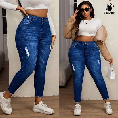 Plus-Size Women's High-Waisted Skinny Stretch Denim Jeans Distressed with Frayed Hem, Perfect for Everyday Casual Outfits