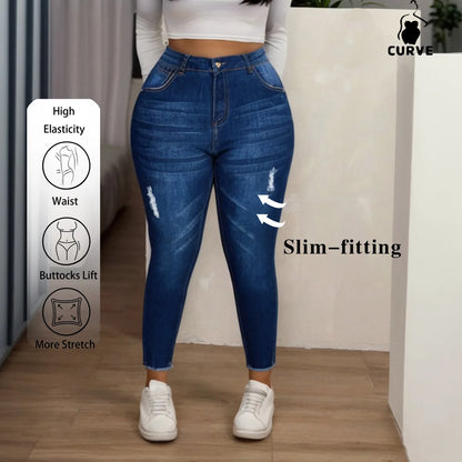 Plus-Size Women's High-Waisted Skinny Stretch Denim Jeans Distressed with Frayed Hem, Perfect for Everyday Casual Outfits
