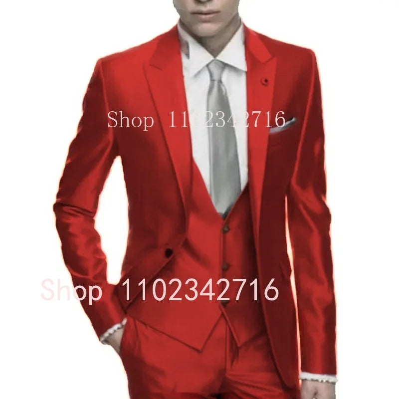 Silver Grey Satin Men Suit Slim Set Formal Wedding Skinny Stylish Male Blazer Party Custom Tuxedo 3 Piece Vestidos Suits for Men