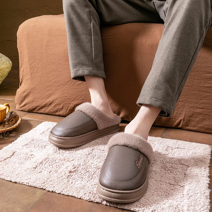 Warm Waterproof PU Slippers Men EVA Memory foam Platform Cushion Soft Comfortable Living Room Shoes High Quality