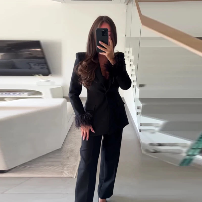 Street Women's Feather Suit Blazer Pants Set Lapel Shoulder Pads Full Sleeve Jackets Pockets Straight Pant 2025 Autumn Lady Suit