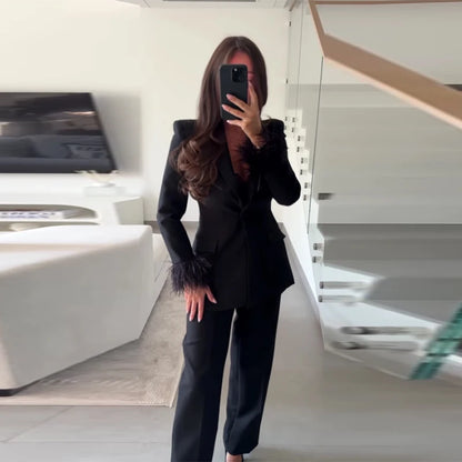 Street Women's Feather Suit Blazer Pants Set Lapel Shoulder Pads Full Sleeve Jackets Pockets Straight Pant 2025 Autumn Lady Suit