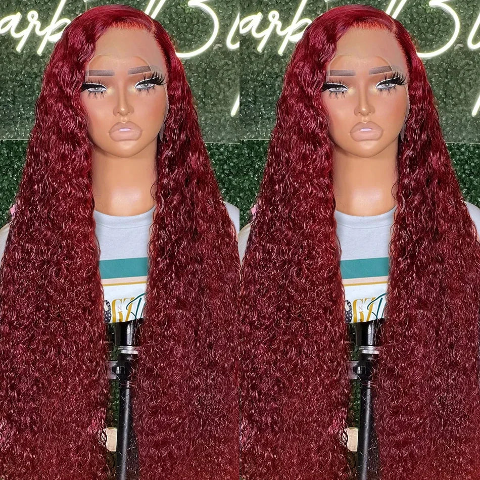 Amznlady 99J Burgundy 13x6 Deep Wave Frontal Wigs For Women 13x4 HD Transparent Curly Human Hair Wigs Pre Plucked