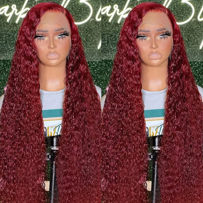 Amznlady 99J Burgundy 13x6 Deep Wave Frontal Wigs For Women 13x4 HD Transparent Curly Human Hair Wigs Pre Plucked