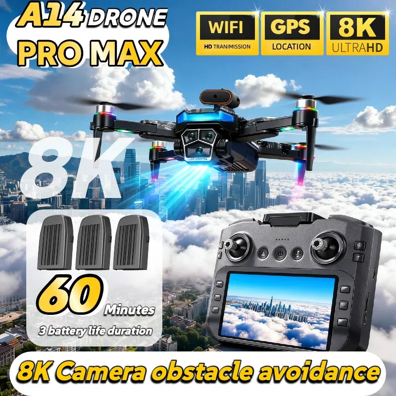 For Genuine A14 Pro Max GPS Brushless 8K Three Camera Obstacle Avoidance Foldable Quadcopter RC with screen Distance Drone Toys