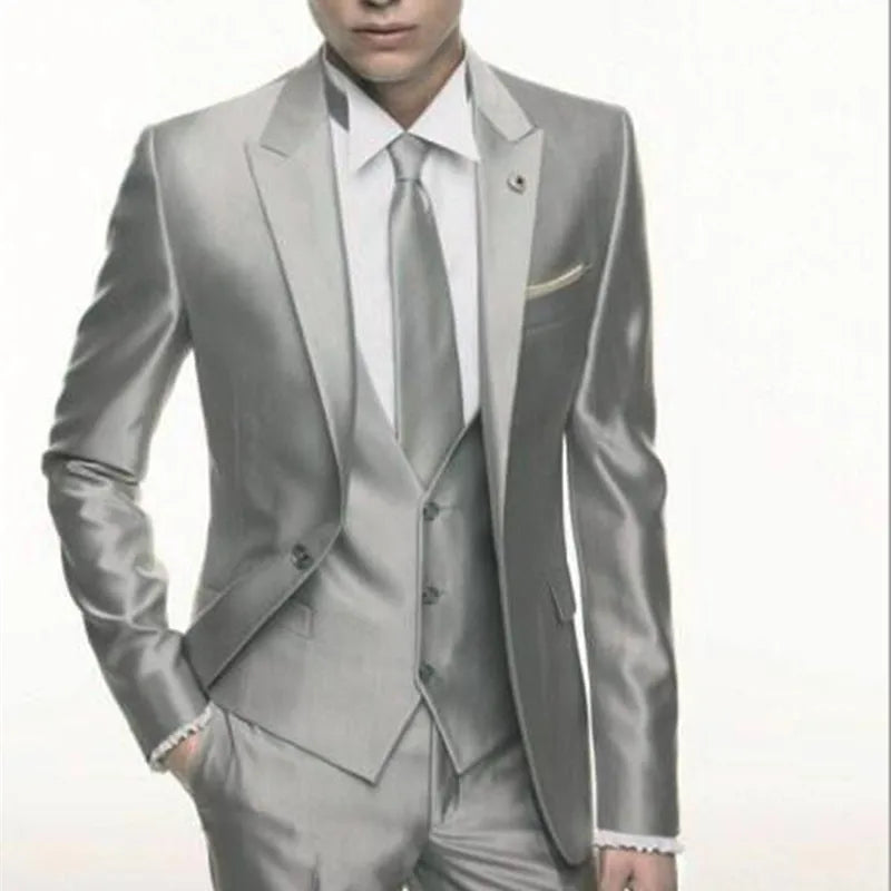 Silver Grey Satin Men Suit Slim Set Formal Wedding Skinny Stylish Male Blazer Party Custom Tuxedo 3 Piece Vestidos Suits for Men