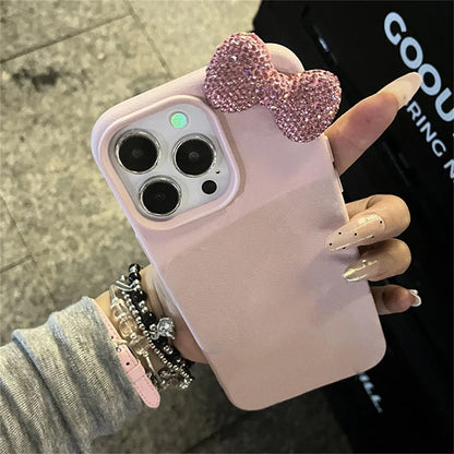 Luxury Rhinestone Bow Litchi Pattern Leather Shockproof Phone Case For iPhone 16 15 14 13 12 11 17 Pro Max X XS 7 Plus Soft Case