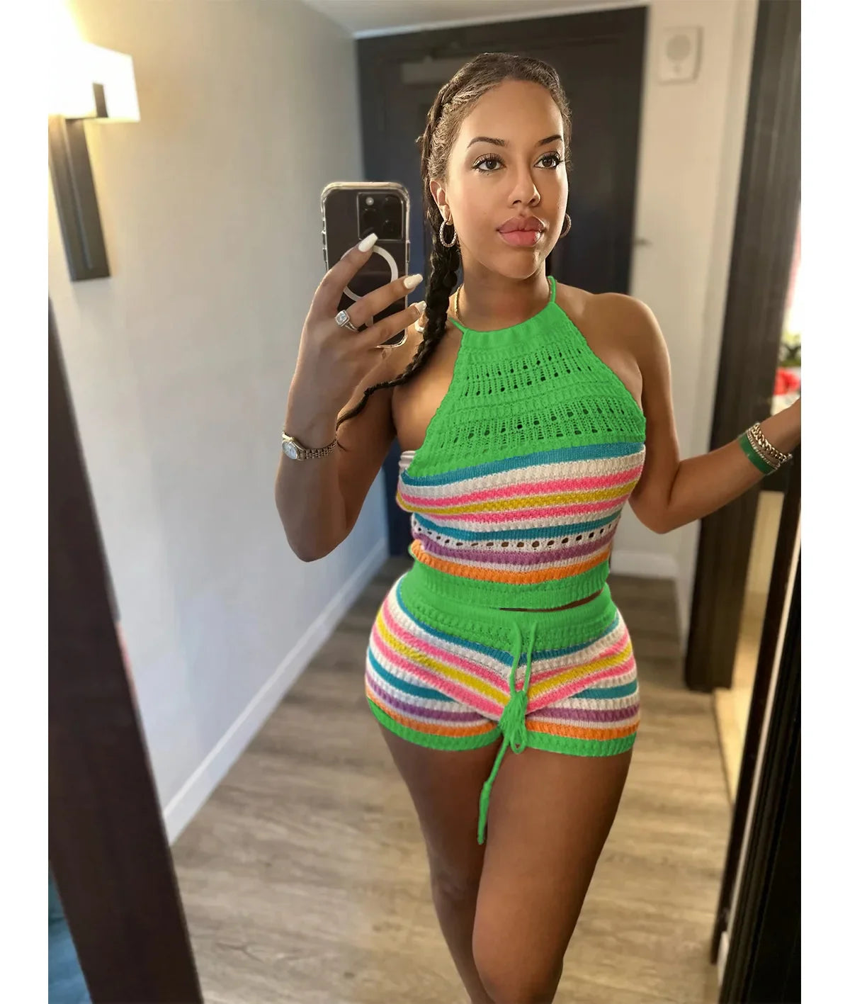 Summer Women's New Sweater Fashion Backless Hanging Neck Top Package Hip Leggings Shorts Set