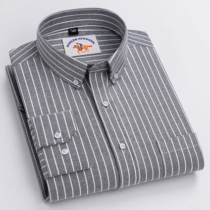 Casual Pure Cotton Oxford Mens Shirts Long Sleeve Embroidery Horse Design Regular Fit Fashion Button Man White Dress Shirt