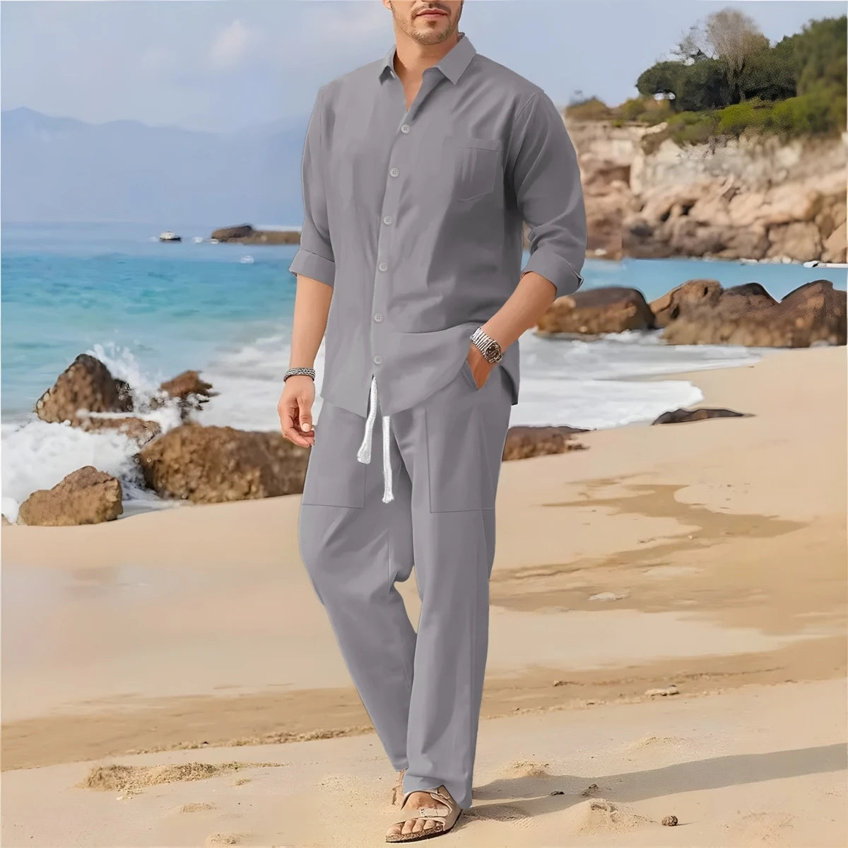 Spring,Summer  autumn New Men's Casual Long-Sleeved Set, Solid Shirt and Pants - Comfortable and Fashionable Two-Piece Set