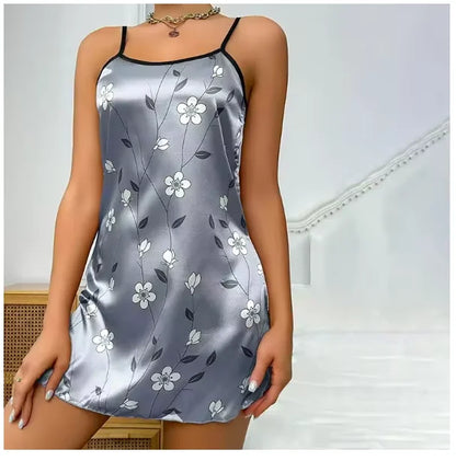 Women Nightwear Home Clothes Sexy Black Floral Printing Nightdress Sleepwear Nightshirts Silk Sleepshirts Nightgowns For Woman