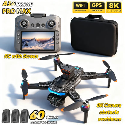 For Genuine A14 Pro Max GPS Brushless 8K Three Camera Obstacle Avoidance Foldable Quadcopter RC with screen Distance Drone Toys