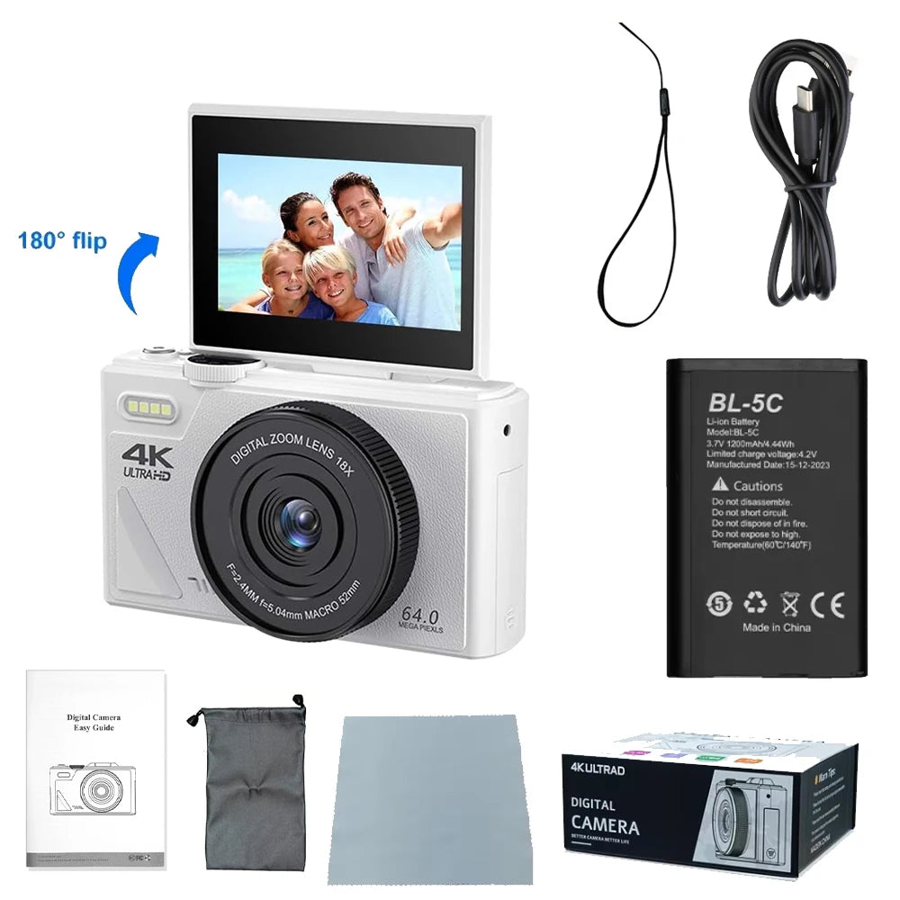 Ourlife AC600 Digital Camera 4K 64MP UHD Cameras 18X Digital Zoom 180° Flip Screen Vintage Vlogging Camera for YouTube Autofocus