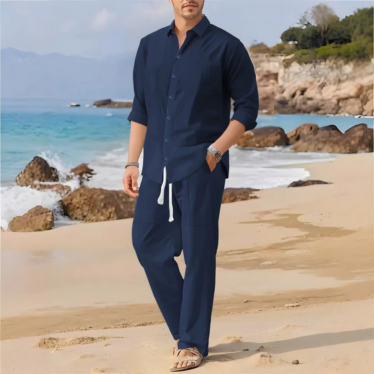 Spring,Summer  autumn New Men's Casual Long-Sleeved Set, Solid Shirt and Pants - Comfortable and Fashionable Two-Piece Set