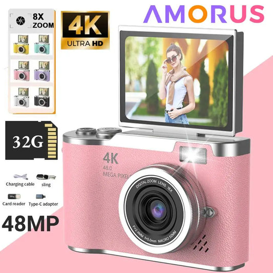 4K Digital Camera CCD 180° Flip Screen Selfie Camera 8X Digital Zoom 48MP Portable Digital Photography Camera with 32G Card