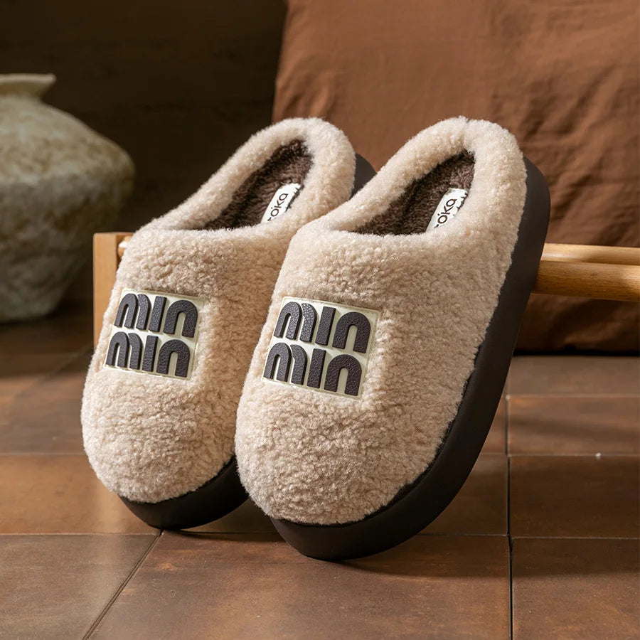 New plush cotton slippers for women, autumn and winter indoor thick sole with plush anti slip slippers, thickened cotton slipper