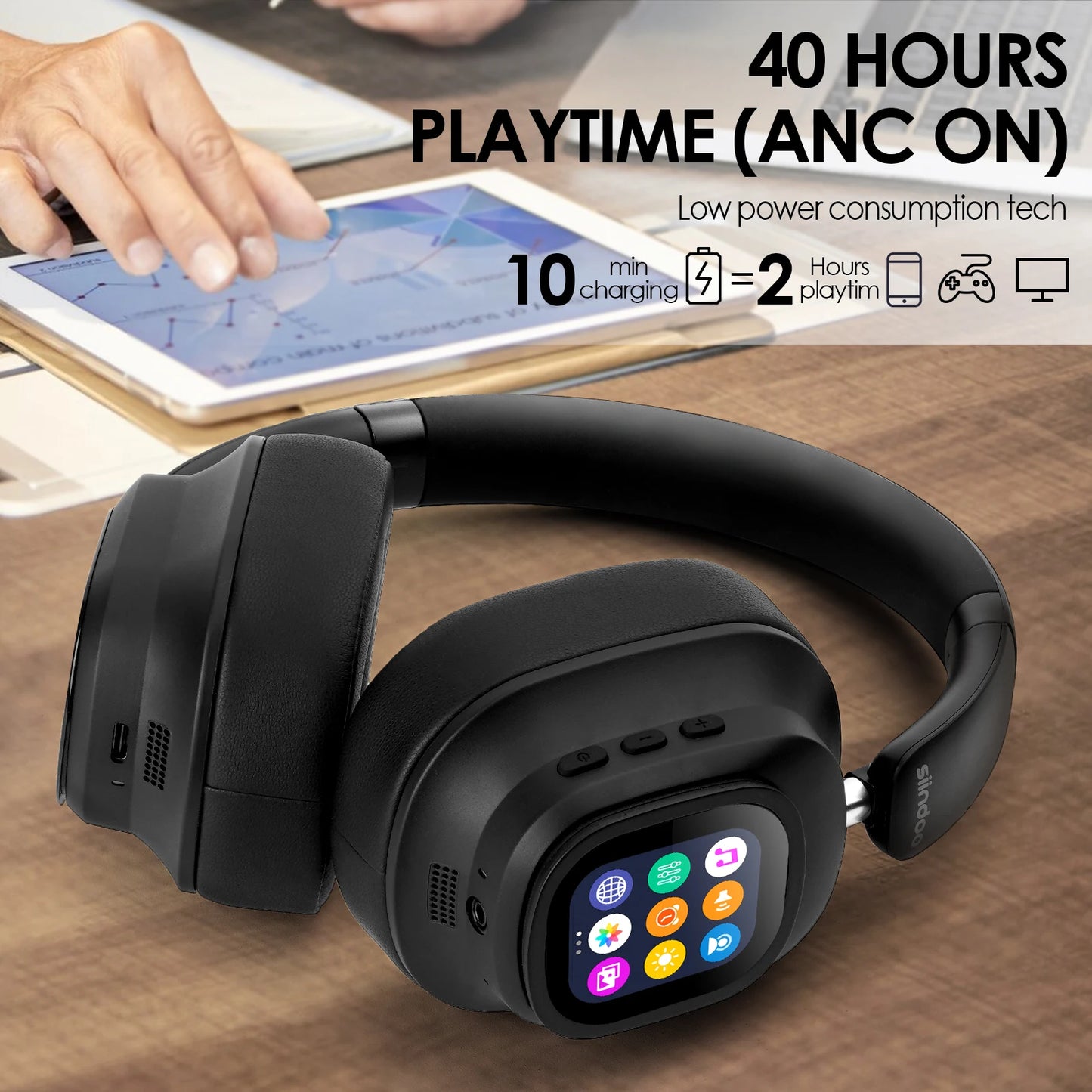 Siindoo JH-ANC930Plus Active Noise Cancelling Headphones, Hybrid Wireless Headphone With Multi Magnetic Touch Control LED Screen