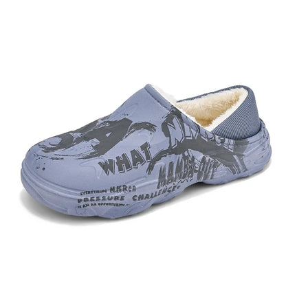 Fashion Winter Fur Slippers for Men Warm Indoor Cotton Shoes Waterproof Outdoor Garden Shoes Slip On Clogs Half Slides Sandals