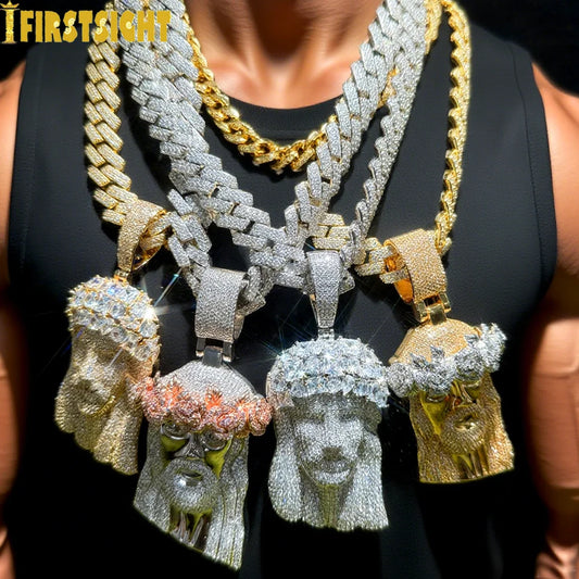 New Hip Hop CZ Stone Paved Bling Iced Out JESUS PIECE Pendants Necklaces Gold Silver Color Cuban Chain for Men Rapper Jewelry