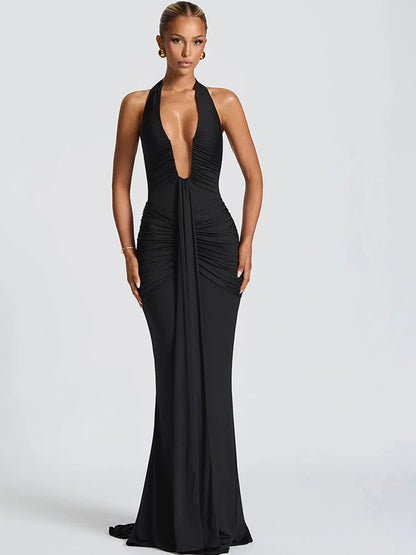 Beyprern Gorgeous Womens Halter Plunging V Neck Ruched Long Straps Maxi Dress Holiday Outfits Sexy Backless Pleated Party Dress