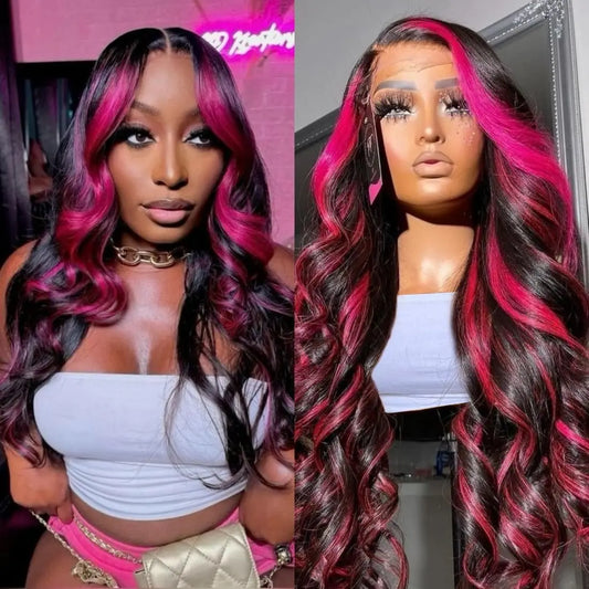 1B/Pink Ombre 13x6 HD Lace Front Wigs Pre Plucked 220% Density Body Wave Highlight Wig Human Hair Pink And Black Colored Wig