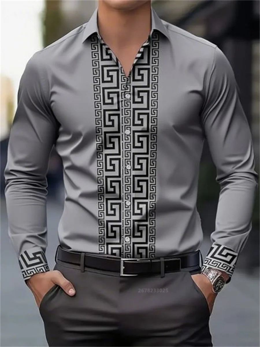 Men's long-sleeved shirt with pattern design, fashionable lapel button-down top, versatile, casual and comfortable men's top
