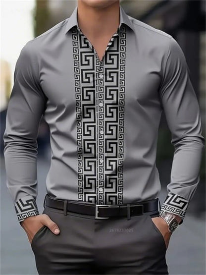 Men's long-sleeved shirt with pattern design, fashionable lapel button-down top, versatile, casual and comfortable men's top