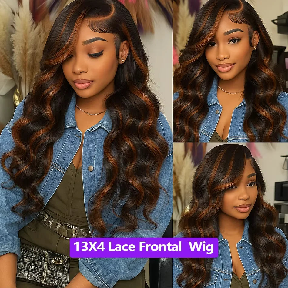 Highlight Ombre Lace Front Wigs Human Hair Body Wave Lace Front Pre Plucked 13x6 1B/30 Brown Highlight Wig 220 Density For Women