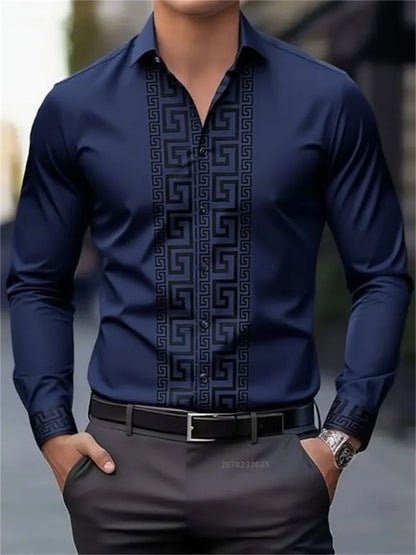 Men's long-sleeved shirt with pattern design, fashionable lapel button-down top, versatile, casual and comfortable men's top