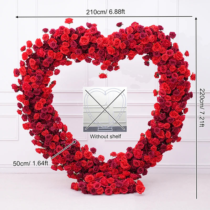 Luxury Red Rose Floral Arrangement Cloth Base Heart-Shaped Frame Arch Wedding Backdrop Decor Window Display Props A8869