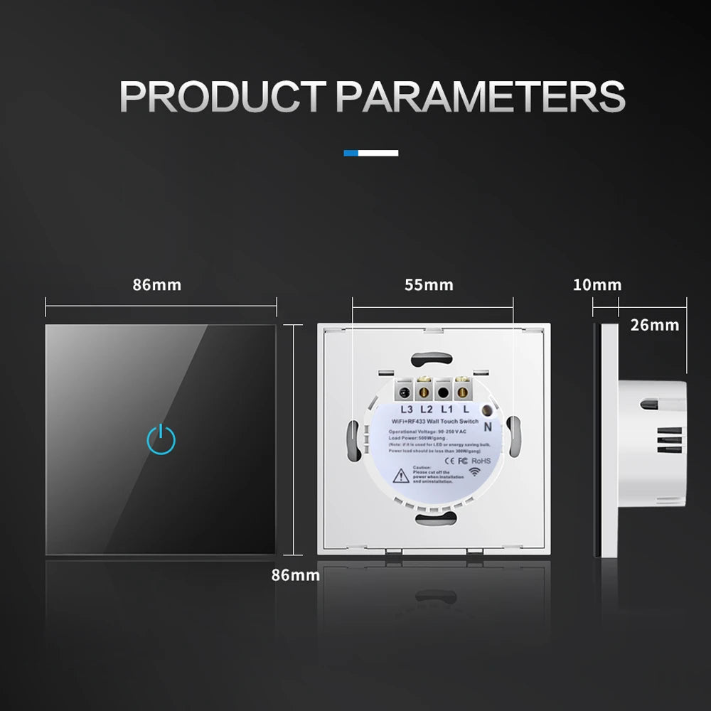 BONDA Smart Switch Alexa RF433 No Neutral Tuya Control Works With Google 1/2/3 Gang Smart Life Home Light WiFi Touch Switches 86