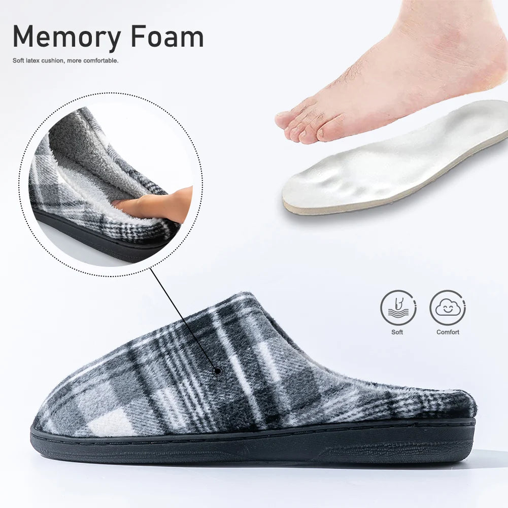 Pmoiste Soft Felt Plaid House Slippers Men Comfortable Warm Memory Foam Cushion Designer Living Room Shoes Slip-on Winter Indoor