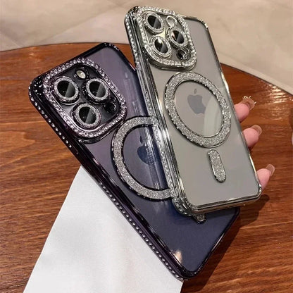 New Fashion Glitter Diamond Transparent Case For iPhone 17 16 15 14 13 11 12 Pro Max Funda Magnetic Wireless Charge Bumper Cover