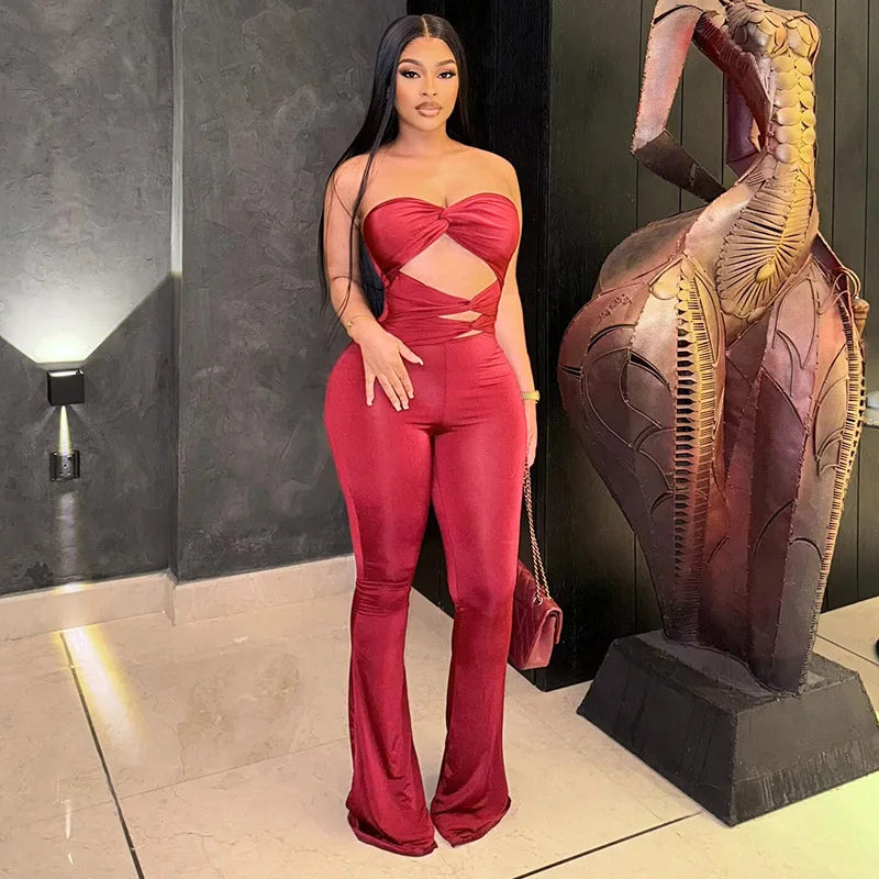 FAGADOER Spring New Sexy Hollow-out Bodycon Jumpsuits Woman Solid Color Sleeveless Backless Rompers Female Streetwear Overalls