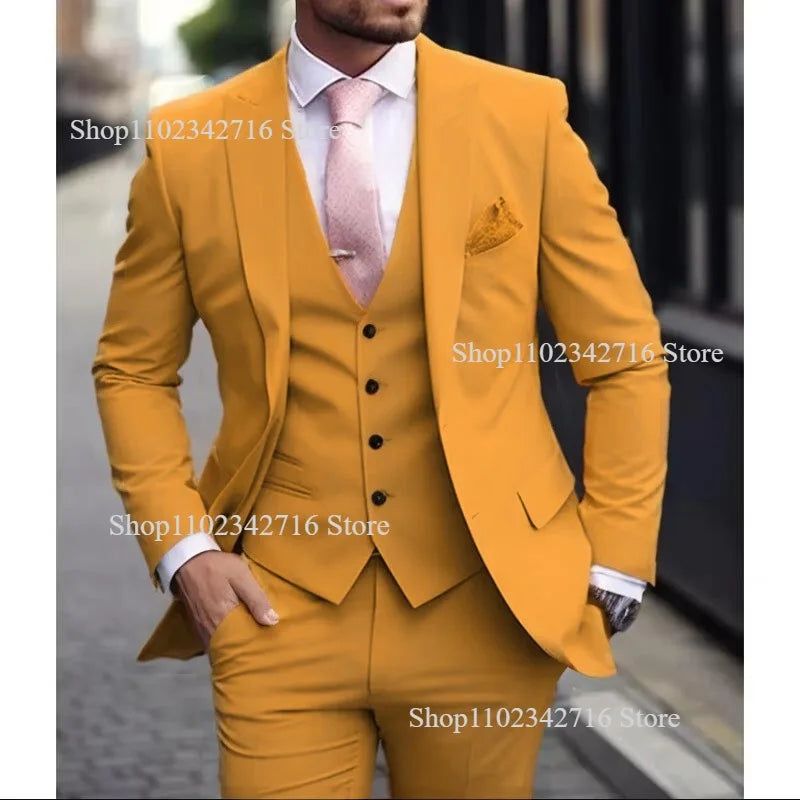 Pink Luxury Men Suits 2024 Terno Slim fit 3 Piece Jacket Pant With Vest Groom Wedding Tuxedo Costume Homme Formal Occasion Terno