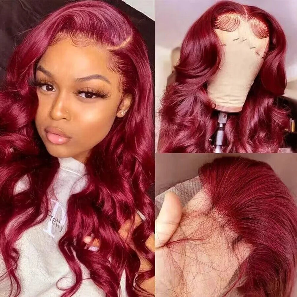 99j burgundy 13x6 Lace Front Human Hair 200 Density Body Wave 13x4 30 36 Inch Red Colored Lace Frontal Wigs Brazilian For Women