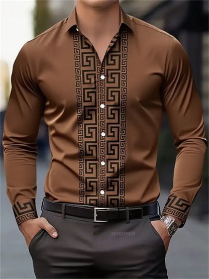 Men's long-sleeved shirt with pattern design, fashionable lapel button-down top, versatile, casual and comfortable men's top