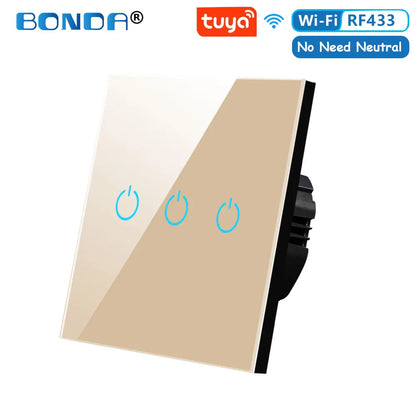 BONDA Smart Switch Alexa RF433 No Neutral Tuya Control Works With Google 1/2/3 Gang Smart Life Home Light WiFi Touch Switches 86