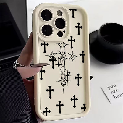 Black Cross Print Phone Case For iPhone 16 15 14 13 12 11 Pro Max X XS XR For iPhone 16E 7 8 15 16 Plus SE Shockproof Soft Cover